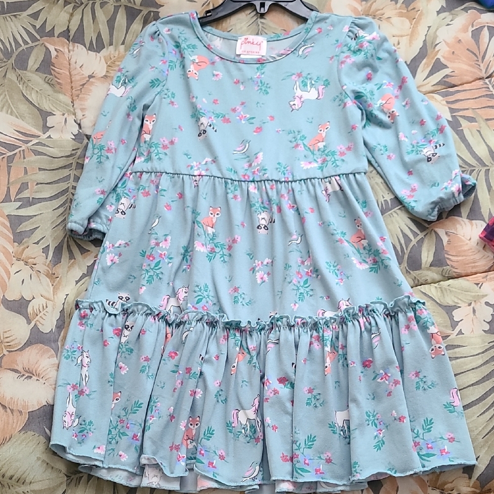 Teal Unicorn and Floral Kids Dress